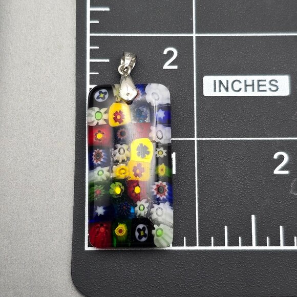 Murano Millefiori Glass Pendant 1.75x.75" Multicolored Floral Mosaic 18k GP Bail - Picture 7 of 7